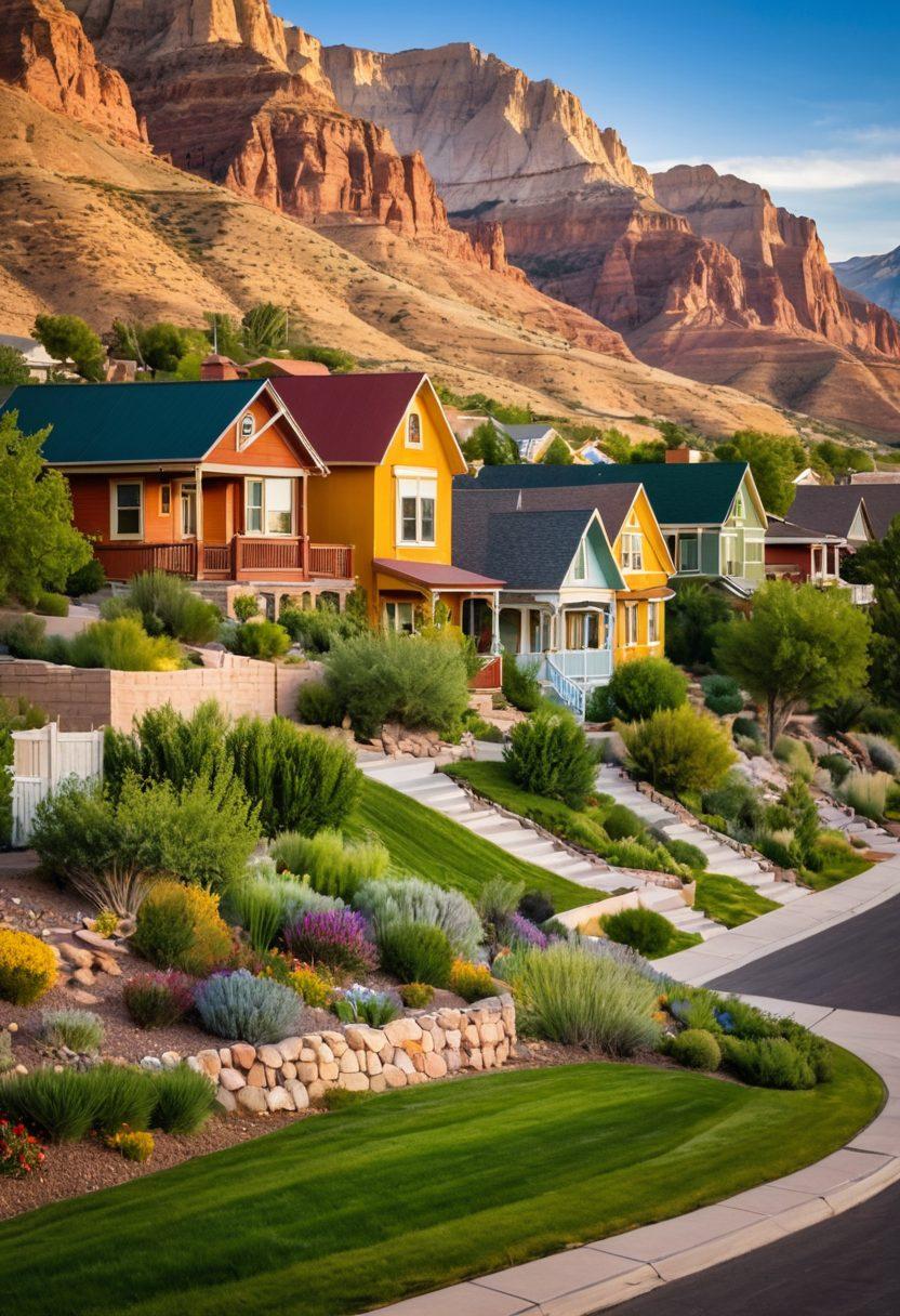 A picturesque view of a serene Utah neighborhood with charming houses and lush greenery, nestled against the backdrop of majestic mountains; families enjoying their day outside, vintage street signs displaying '801 Area'. super-realistic, vibrant colors, inviting and warm ambiance.