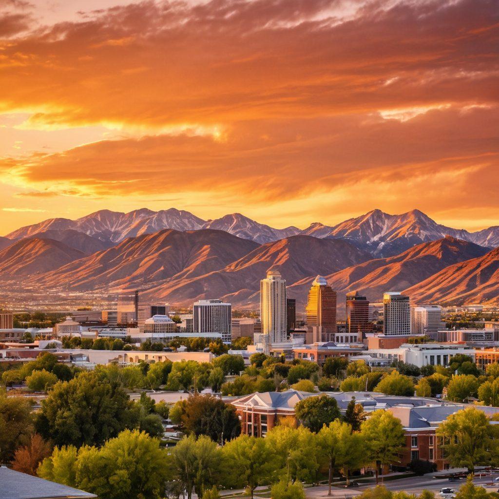 A picturesque view of Salt Lake City skyline at sunset with the majestic mountains in the background, featuring a diverse array of modern residential buildings and homes. Show happy families and young professionals enjoying their living spaces, engaging in outdoor activities like walking, biking, and having a picnic. super-realistic. vibrant colors. warm tones.