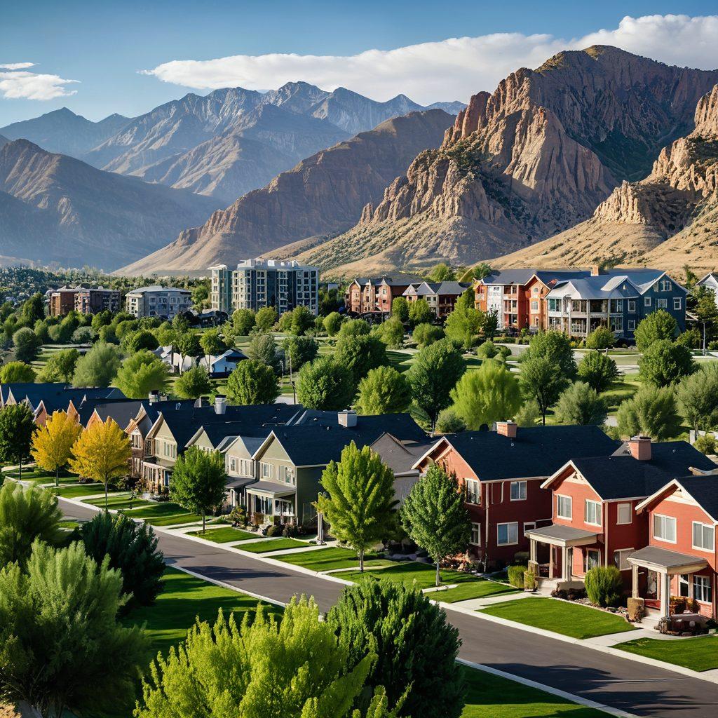 An array of diverse rental properties in Utah with breathtaking backgrounds. Show a mix of high-rise apartments and cozy suburban houses, all beautifully landscaped with green lawns and tree-lined streets. Include majestic mountains in the background to highlight Utah's natural beauty. super-realistic. vibrant colors.